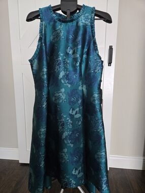 Adrianna Papell Teal and Navy Floral Jacquard A-Line Dress